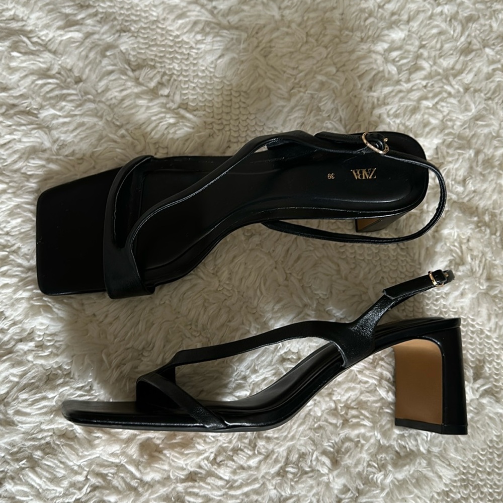 Zara - black Leather strap open toe heels